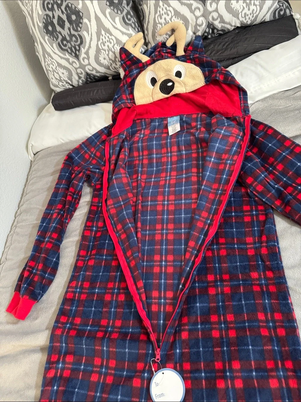 Kids Plush Red & Navy Plaid deer hooded-Footie Christmas Halloween PJ xl